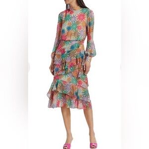 $477 New Saloni Isa 100% Silk Ruffle Dress In Whirlpool